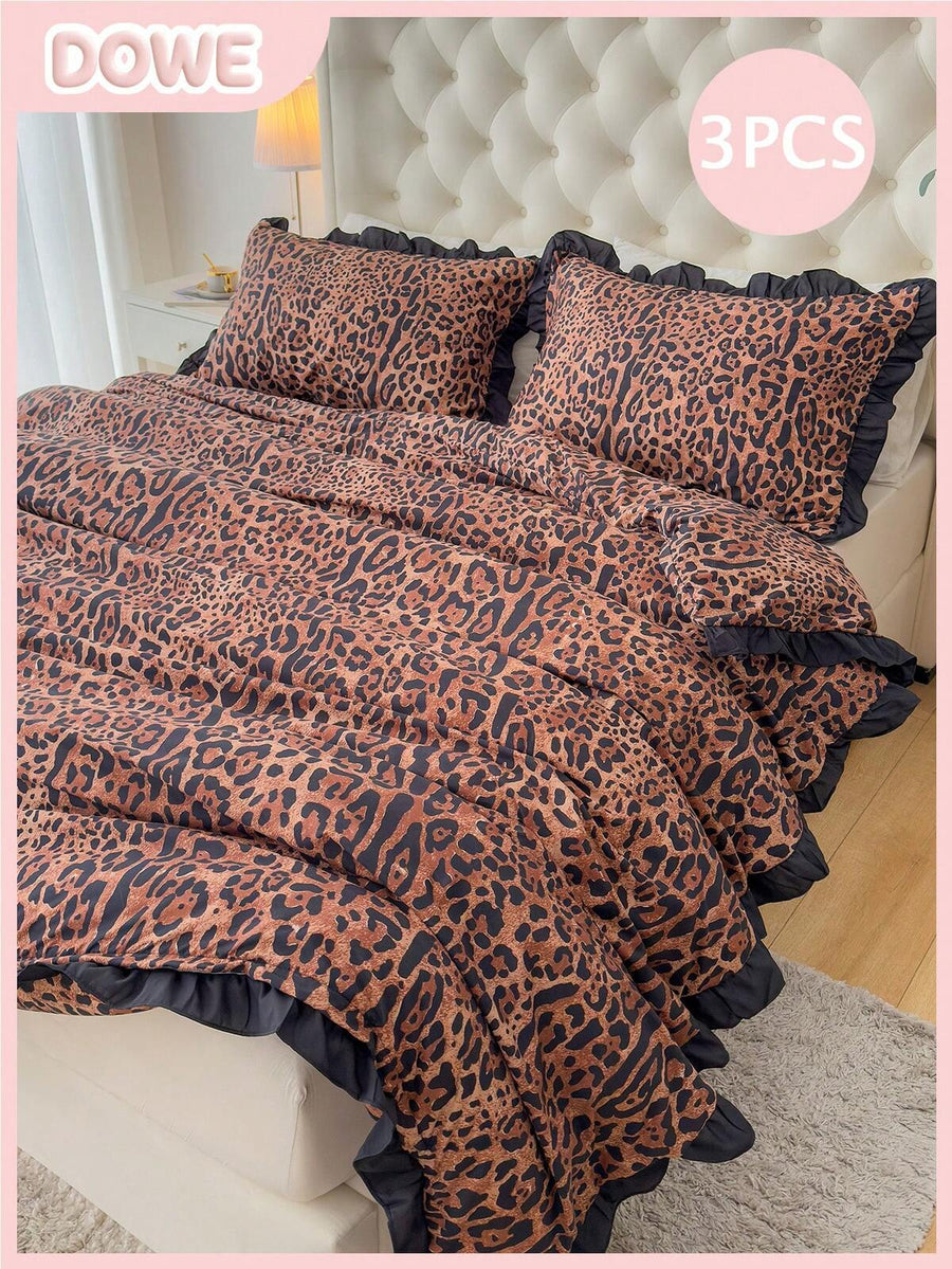 3pcs Leopard Print Lace Duvet Cover Set (Without Comforter), (1 Duvet Cover And 2 Pillow Shams), All-Season Modern Quilted Bedding Set