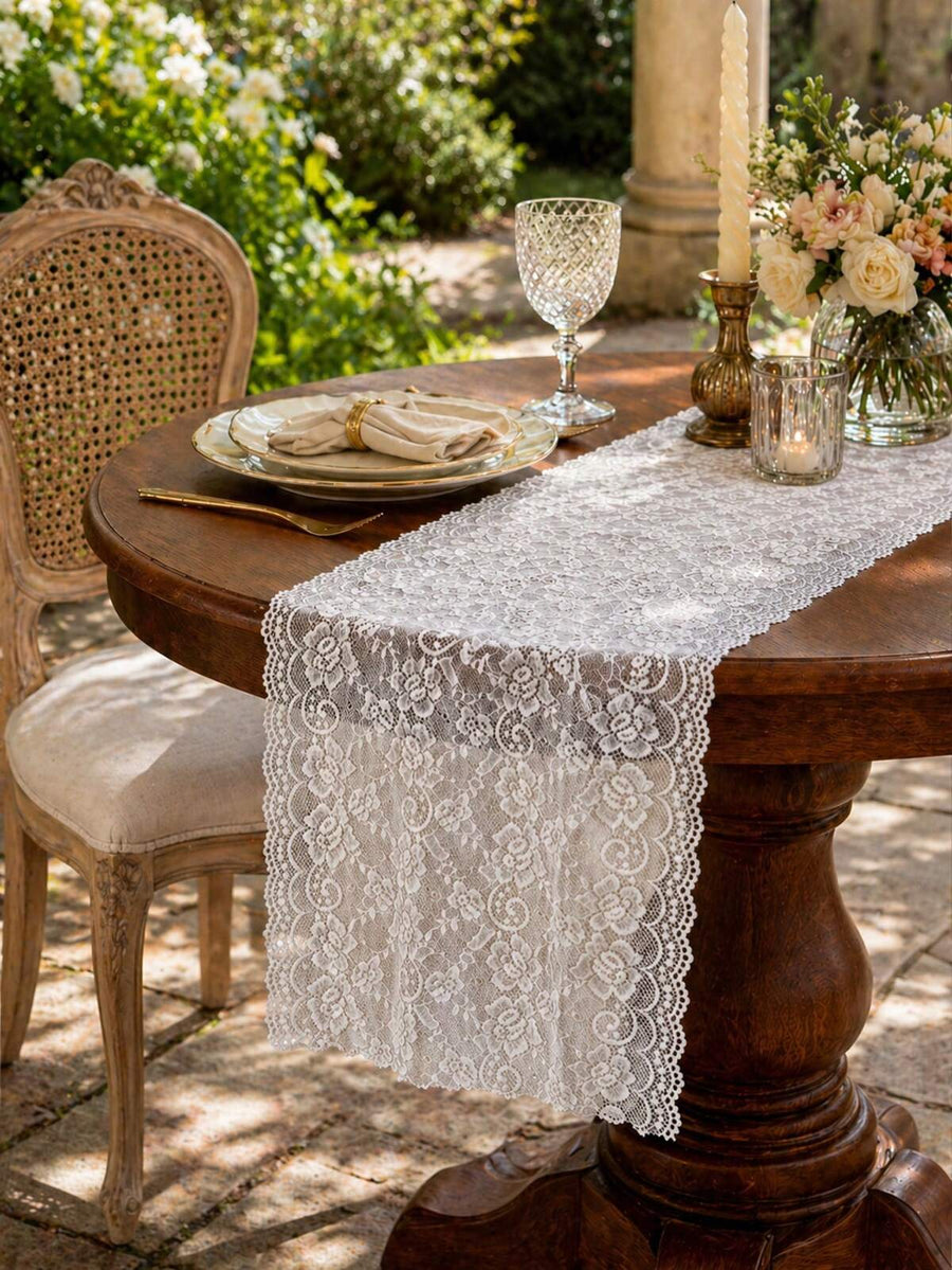 1pc Classic White Rectangular Vintage Lace Wedding Table Runner, Rose Floral Embroidery Country Style Bridal Shower, Party And Holiday Decor, Suitable For Spring/Summer Outdoor And Home Dust-Proof