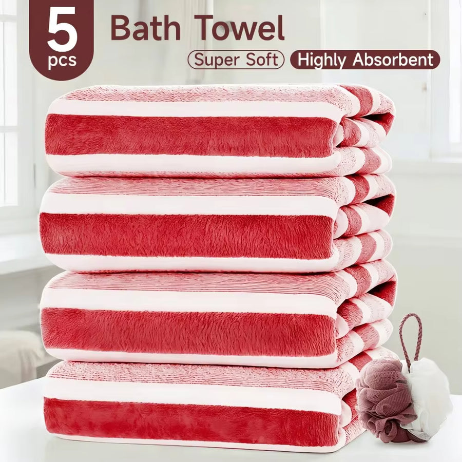 1pc/5pcs Bath Towel Set [4 Towels +1 Ball] - Modern Striped Coral Fleece Microfiber Towels Suitable For Adults, Ultra-Soft Quick-Dry Highly Absorbent Beach, Spa, Gym & Bath Towels With Bath, Space-Themed Collection For Home Bathroom
